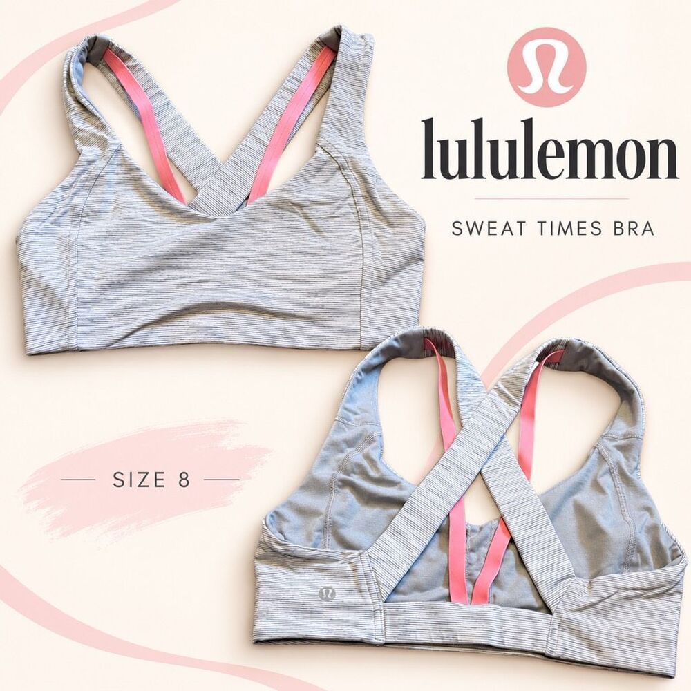 Lululemon Sweat Times Sports Bra Size 8 / medium Gray Stripe Pink Crossback